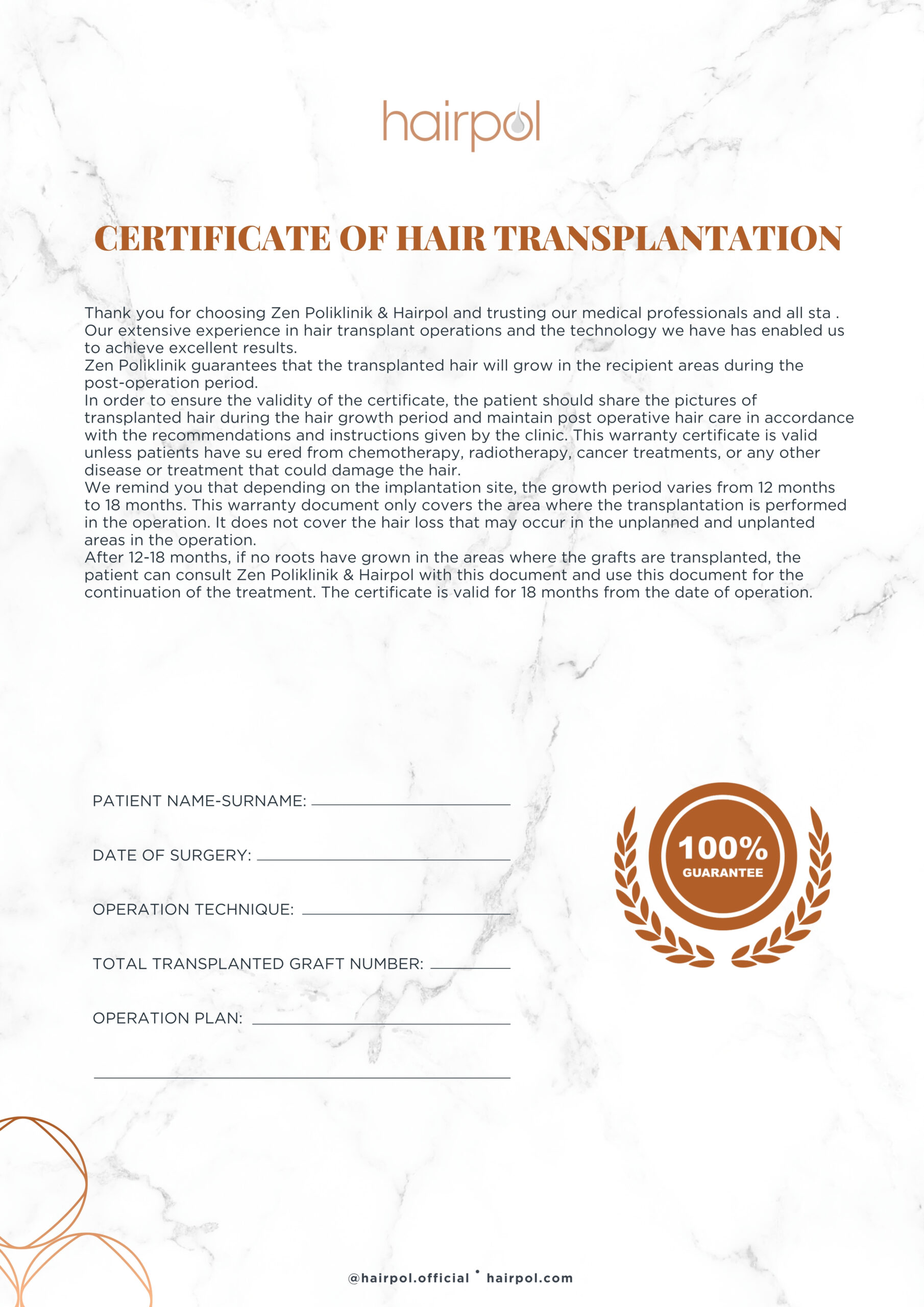 Hair Transplant Guarantee Certificate