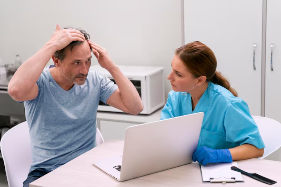 Patient discussing goals and options during a hair transplant consultation