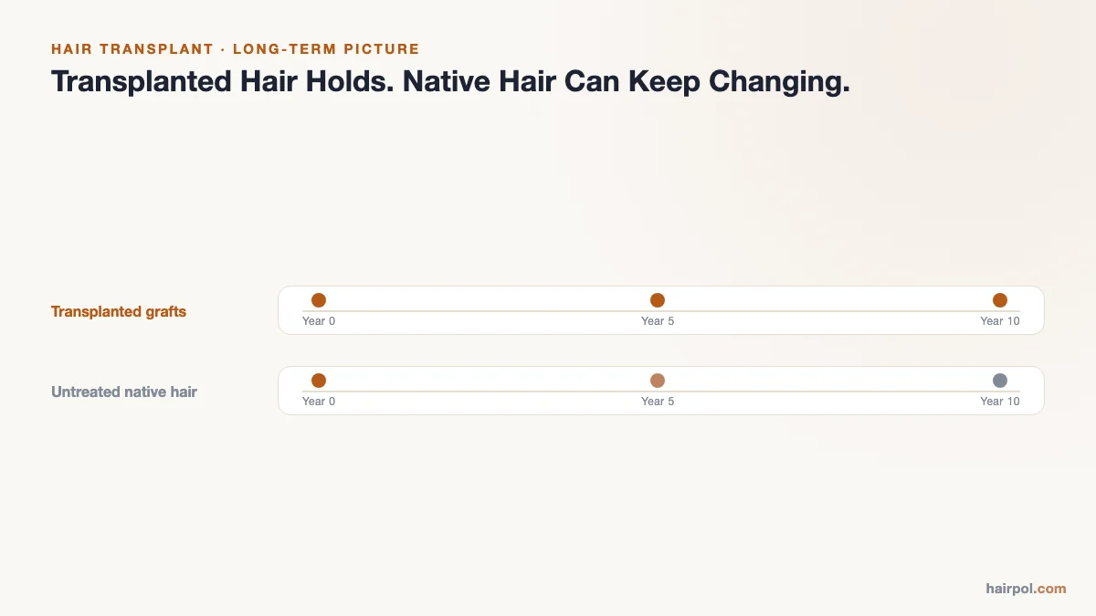 Timeline diagram showing transplanted hair stability versus native hair changes over 10 years