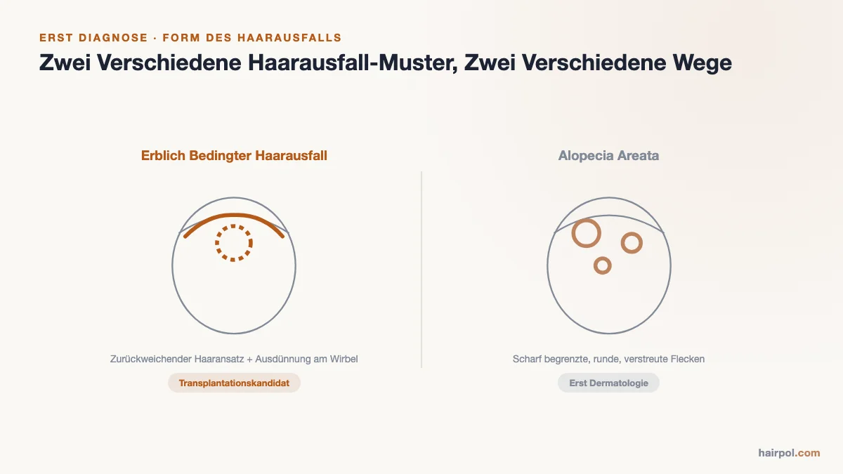 Schematischer Vergleich von anlagebedingtem Haarausfall und Alopecia areata mit Kennzeichnung des Transplantationskandidaten