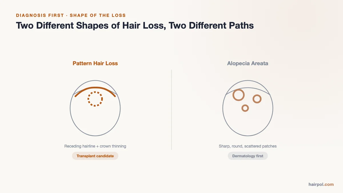 Schematic diagram comparing pattern hair loss and alopecia areata, labeled by which one is a transplant candidate