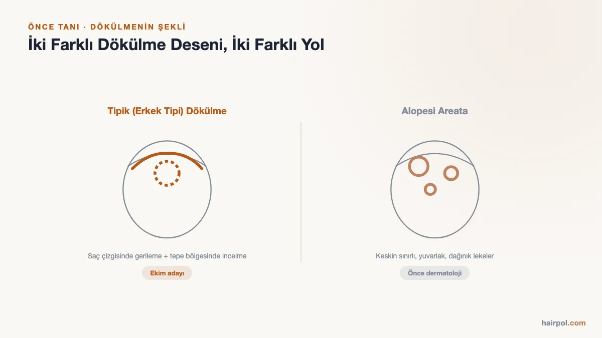 Pattern saç dökülmesi ile alopecia areata'yı karşılaştıran ve hangisinin ekim adayı olduğunu gösteren şematik çizim
