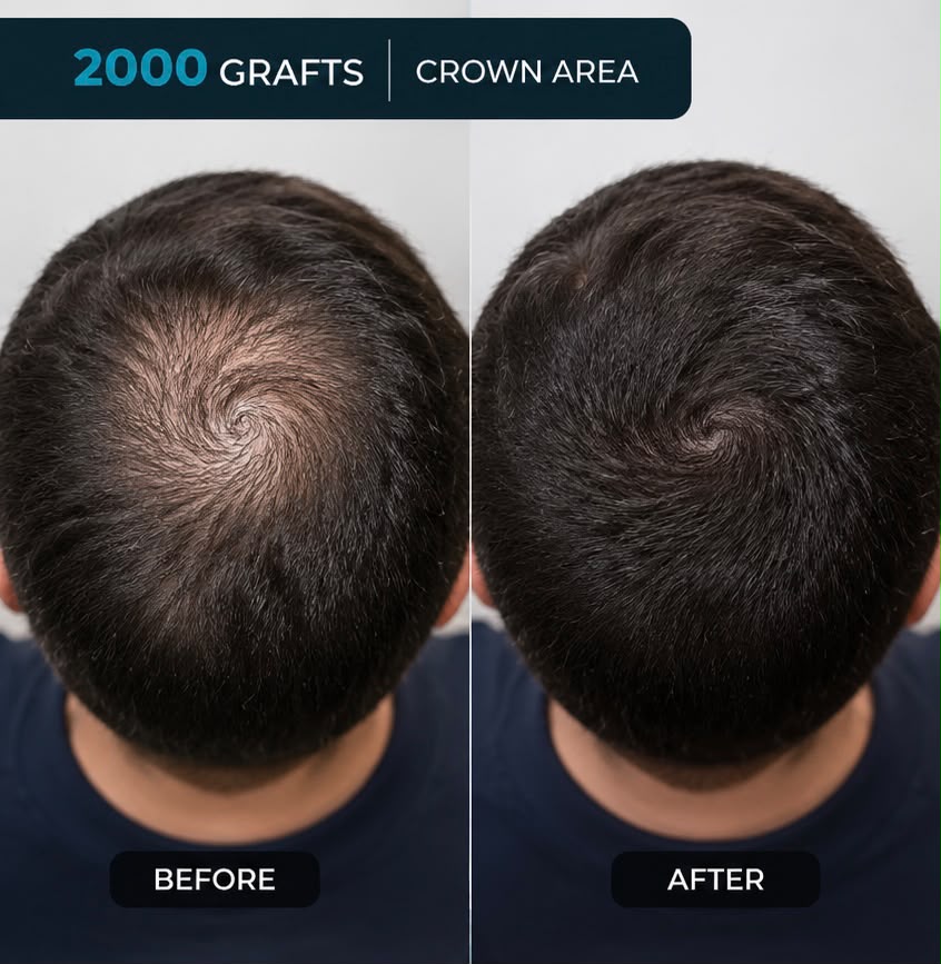 Crown coverage after transplantation, viewed from above under even lighting