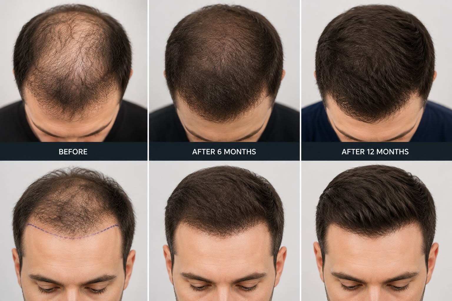Recipient area at six months, with new hairs still thin and short