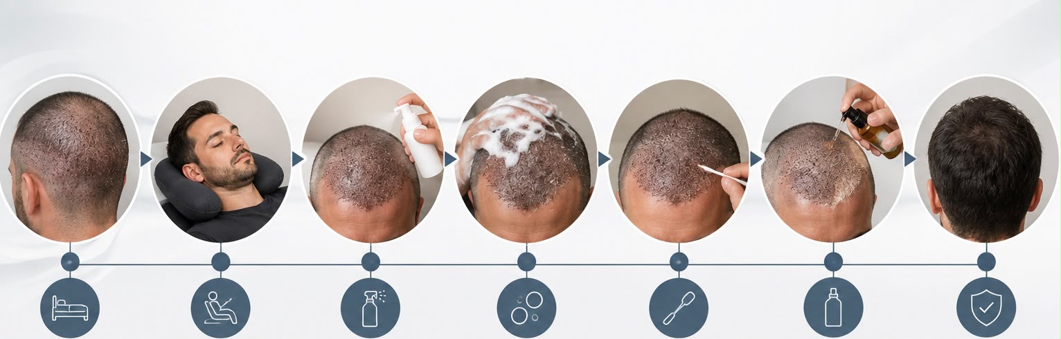 Long hair parted to show density in the transplanted zone