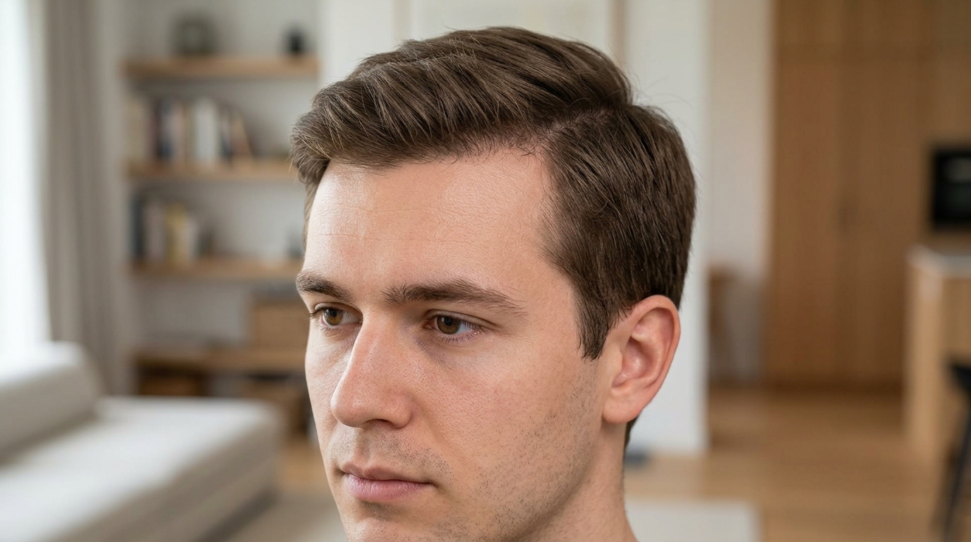 Frontal hairline photographed in daylight to compare temple recession over time