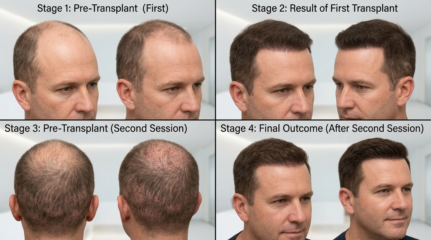 Four stages from before the first transplant to the result of the second session