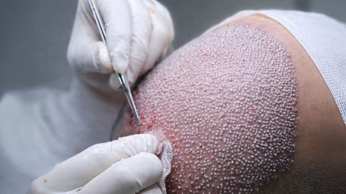 Grafts being implanted with forceps into a densely prepared recipient area