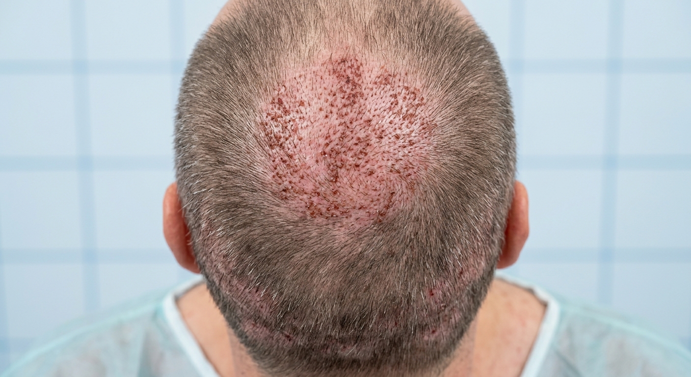 Close view of crown density after transplanted hair has fully matured