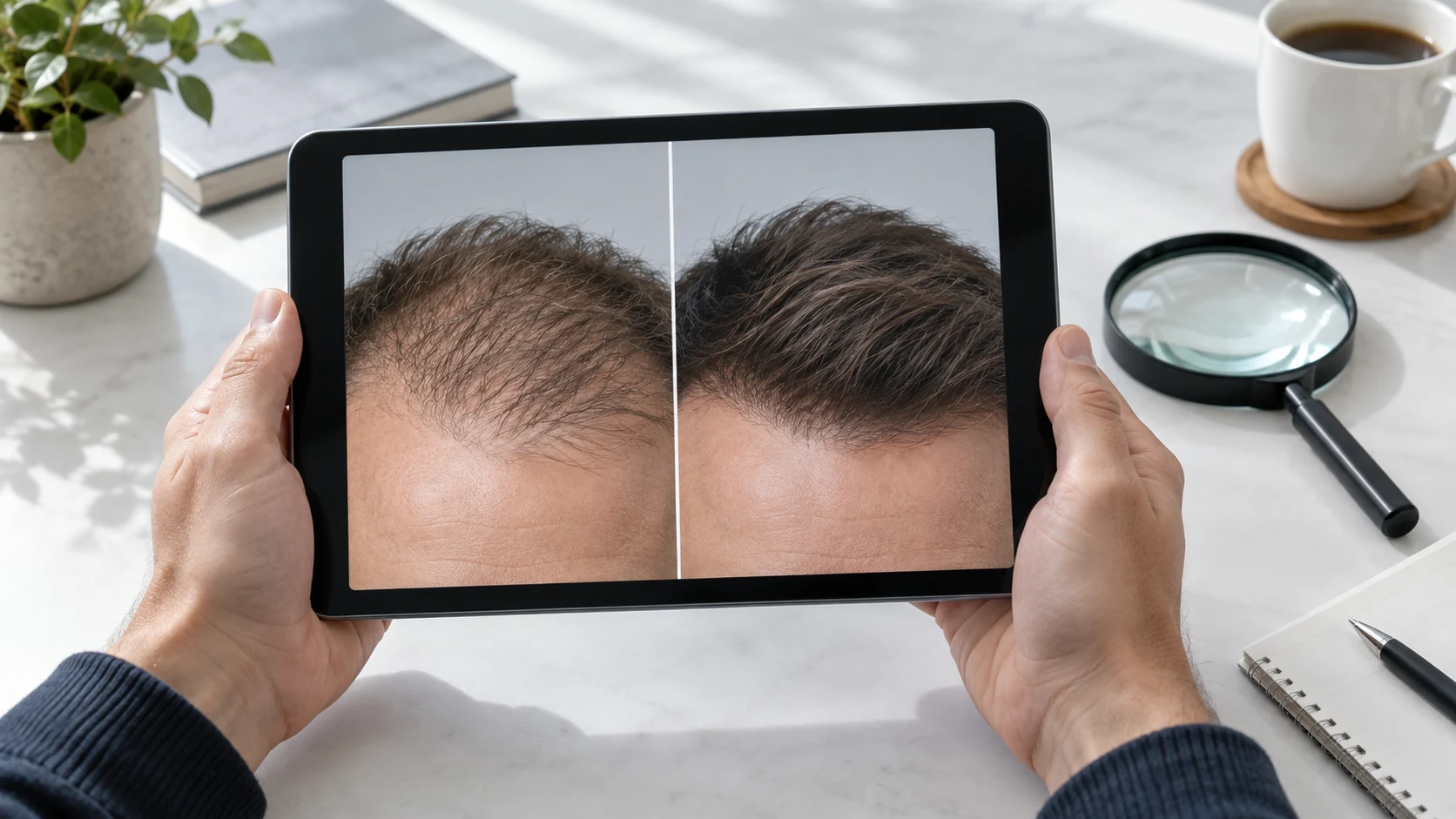 A physician in a white coat and a patient reviewing before-and-after photos of the crown area together on a tablet.