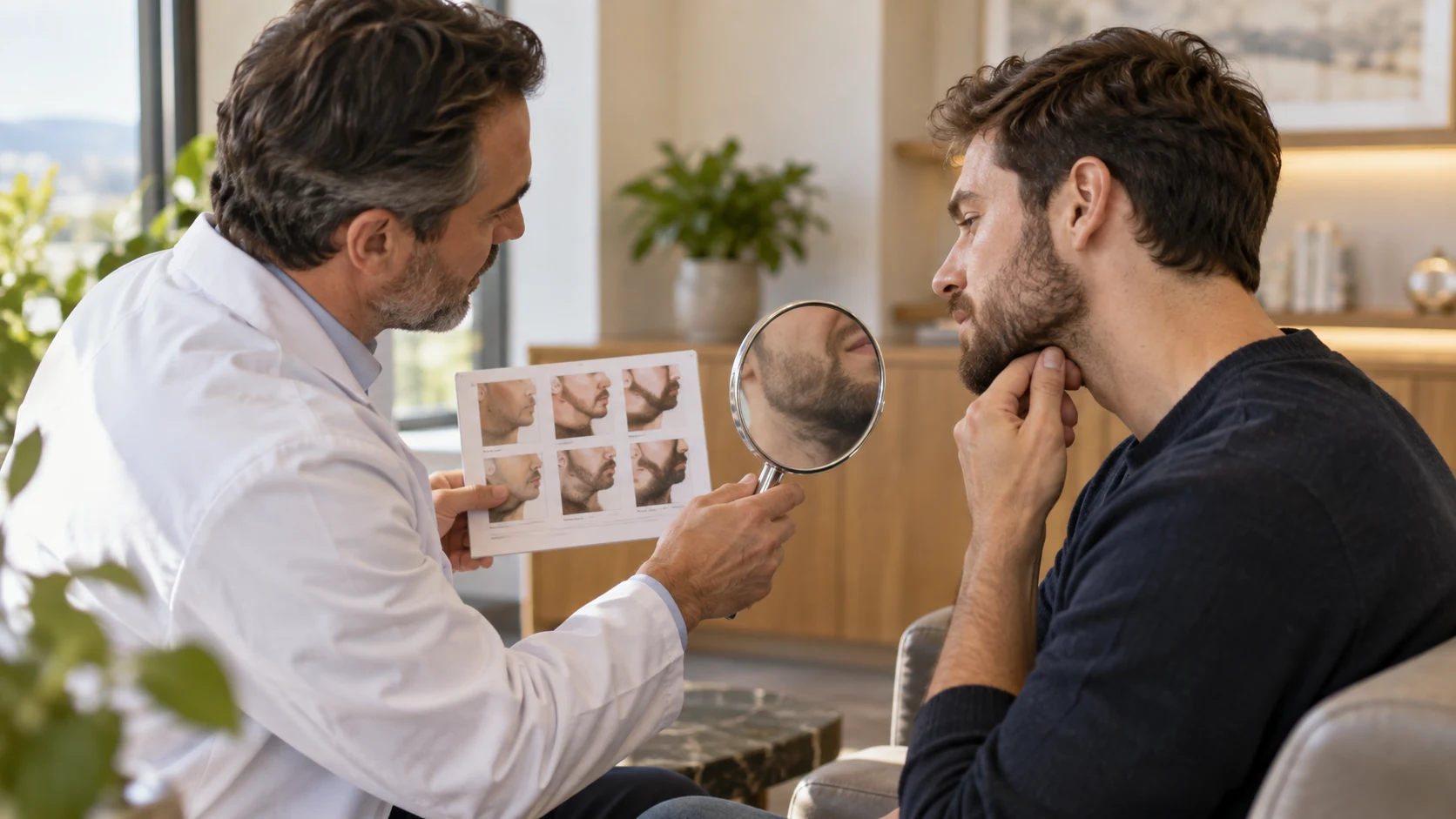 Klinikte hekim, elinde ayna ve sakal referans fotoğraflarıyla erkek hastayla sakal planını konuşuyor.