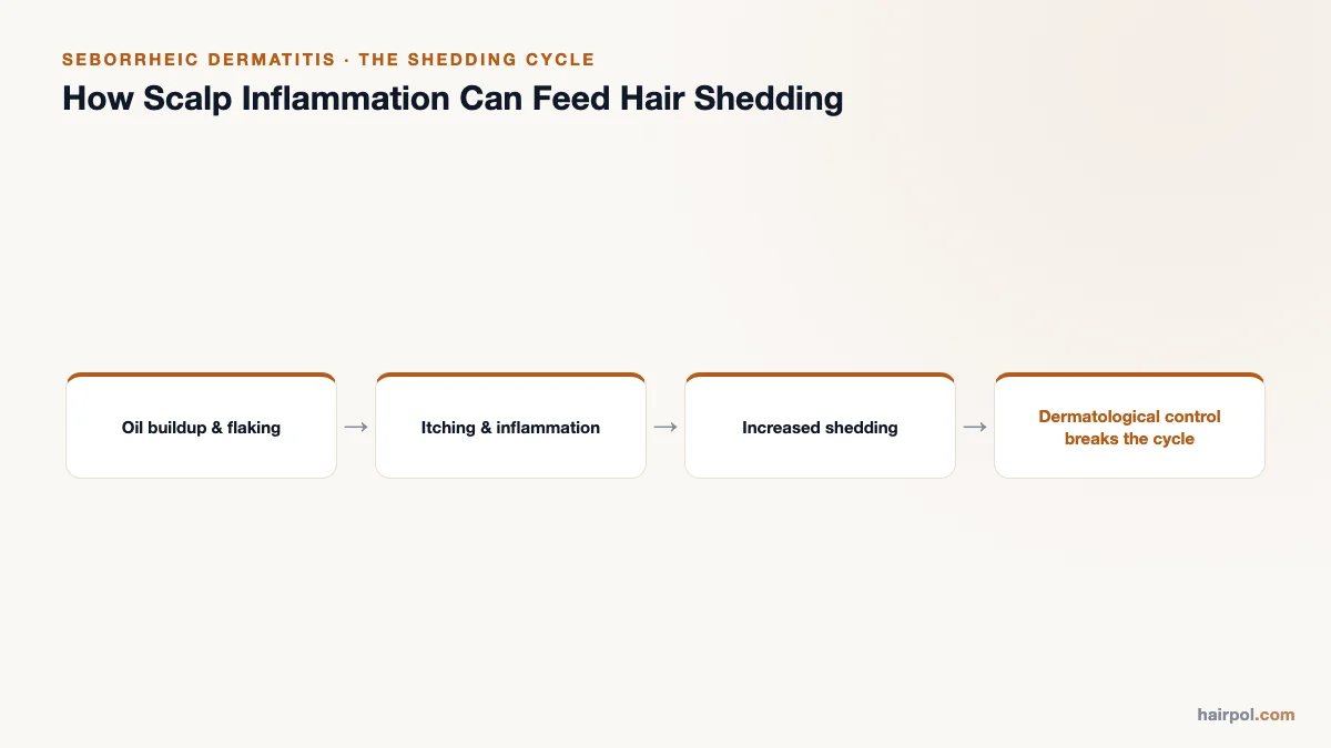 Diagram showing how oil buildup and flaking lead to itching, inflammation, and increased shedding, broken by dermatological control.