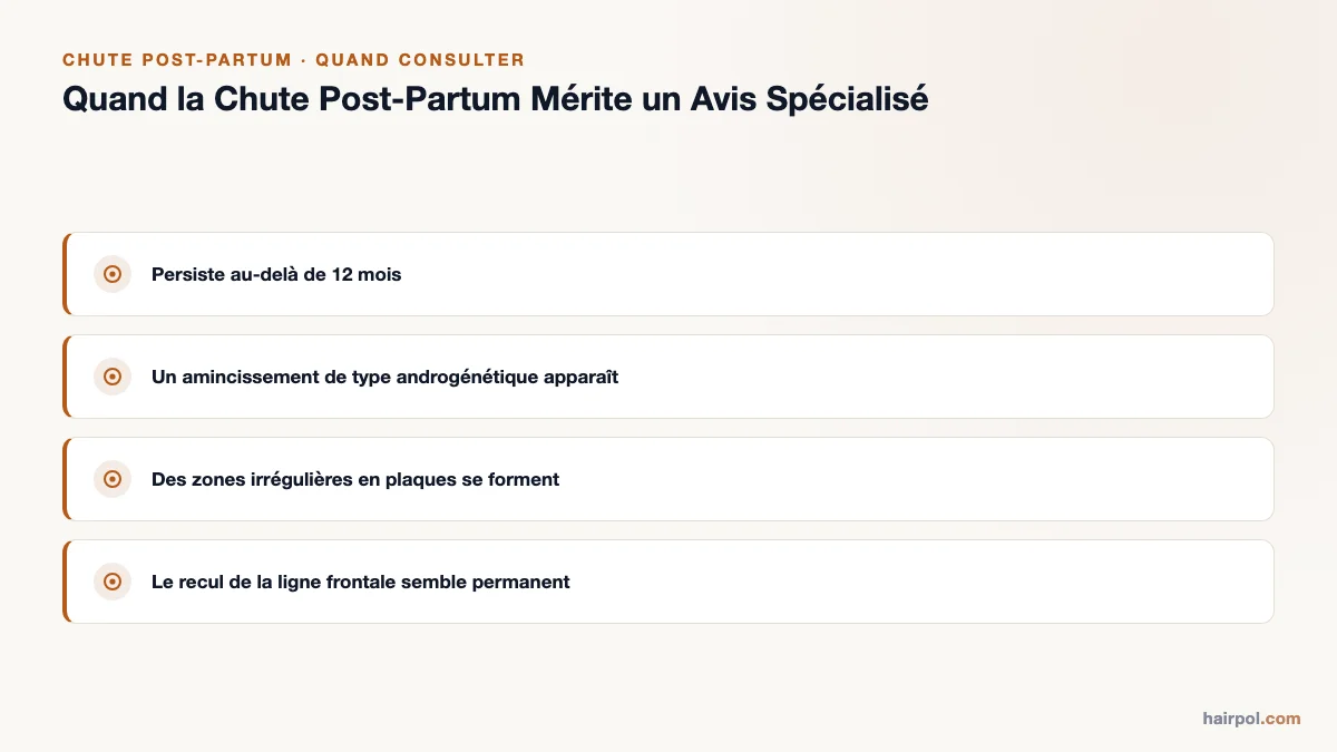 Liste de vérification pour savoir quand la chute post-partum mérite un avis spécialisé : persistance au-delà de 12 mois, amincissement de type androgénétique, zones en plaques, recul permanent de la ligne frontale.