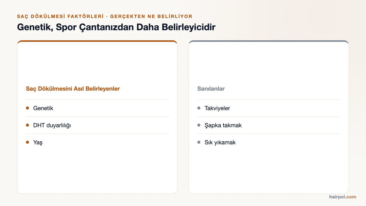 İki sütunlu karşılaştırma: saç dökülmesini asıl belirleyenler (genetik, DHT duyarlılığı, yaş) ile sanılanlar (takviyeler, şapka, sık yıkama).