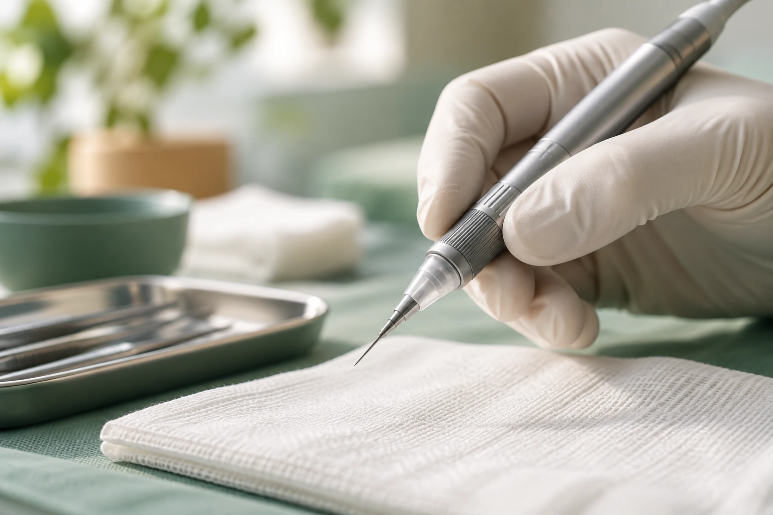Implanter pen used in the DHI hair transplant technique, shown in a clean clinical setting
