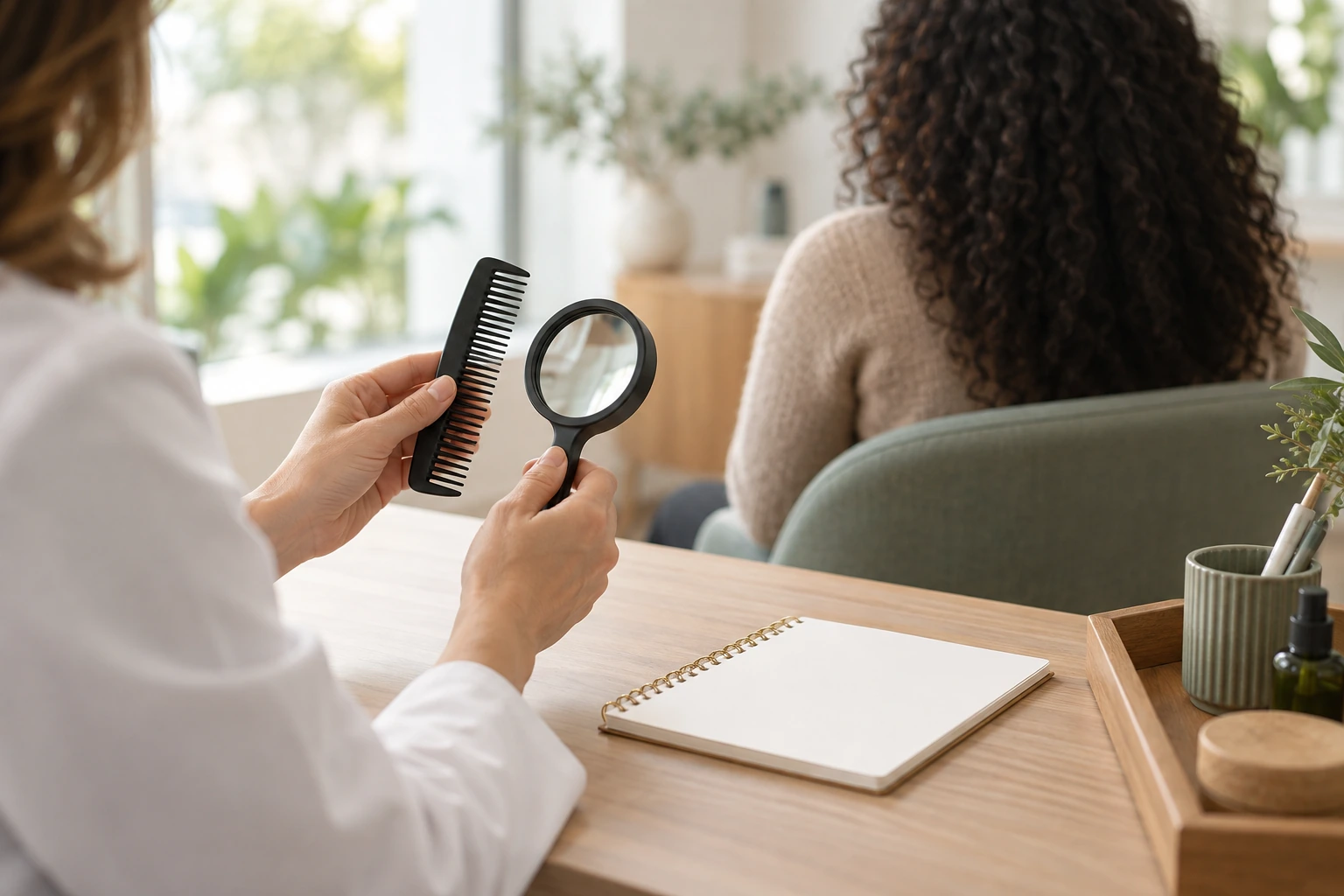 Female specialist assessing hair density in a woman considering a hair transplant in Turkey