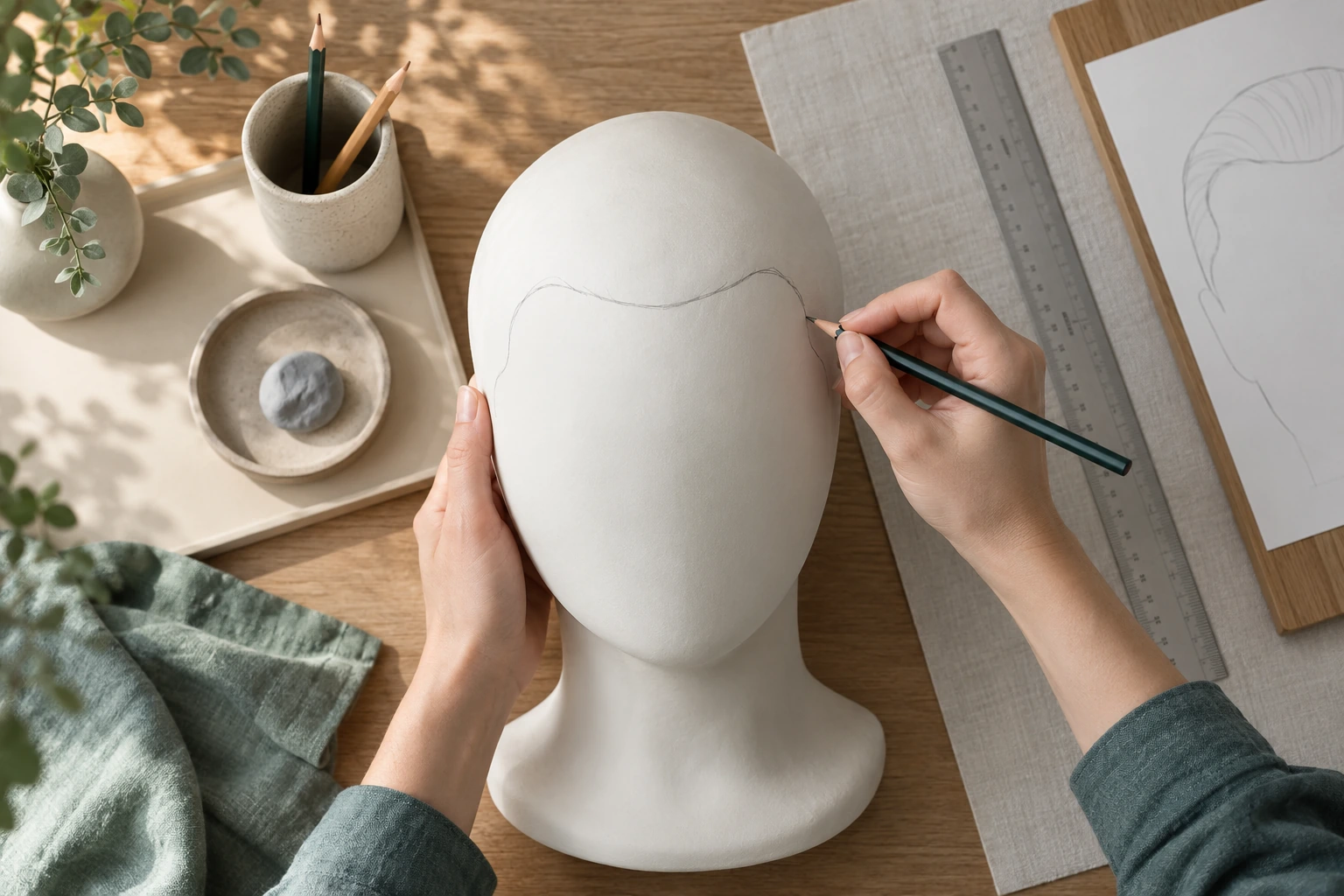 Planning the graft count for a hairline transplant on a head model with a pencil outline