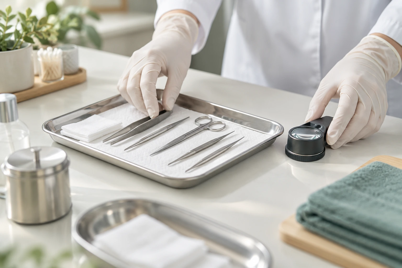 Doctor preparing a sterile tray for a sapphire FUE hair transplant procedure