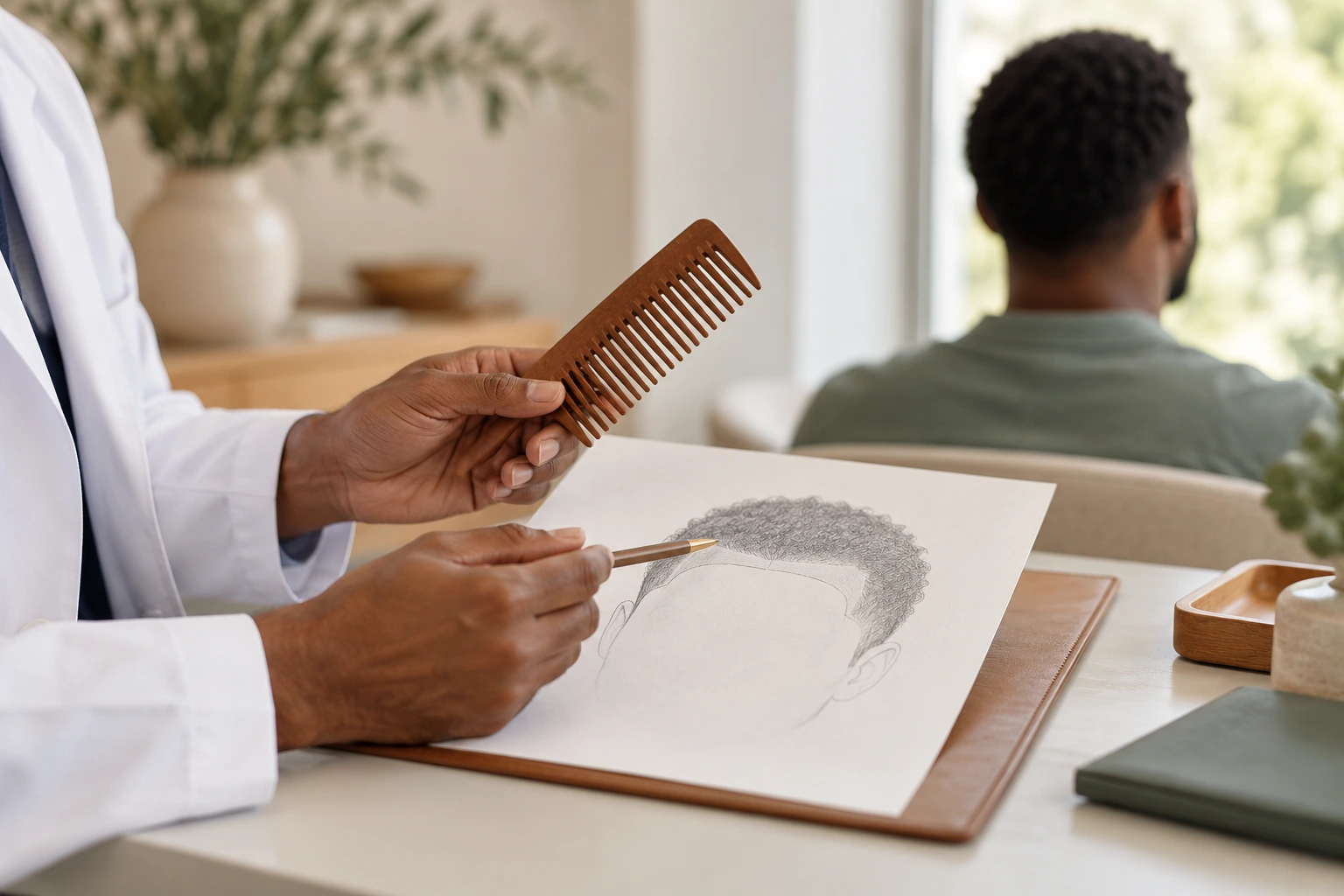 Hairline design planning for Black men with curly hair during a hair transplant consultation