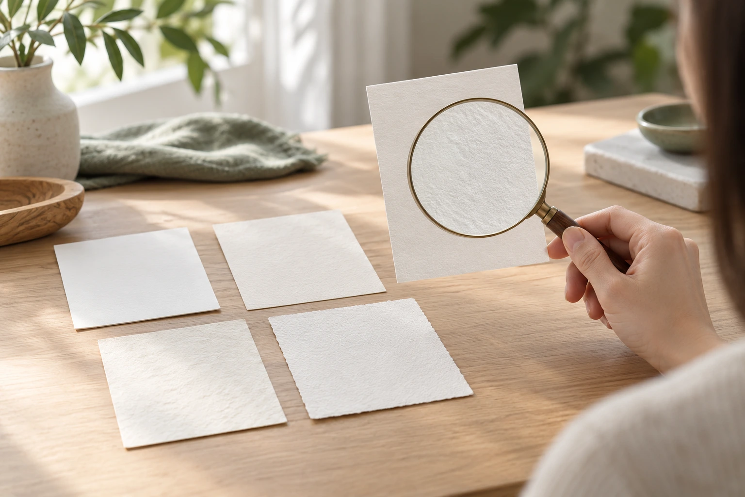 Paper cards examined with a magnifier, illustrating how to spot fake hair transplant reviews