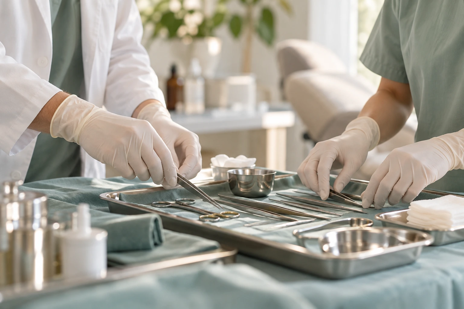 Doctor and technician sharing roles during a hair transplant in Turkey