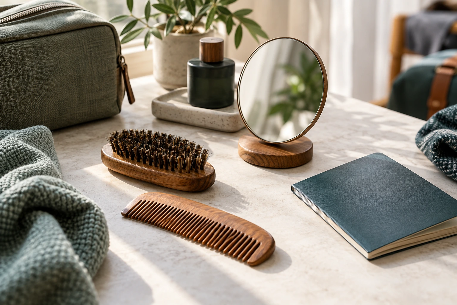 Comb, beard brush and passport representing a hair and beard transplant in one trip