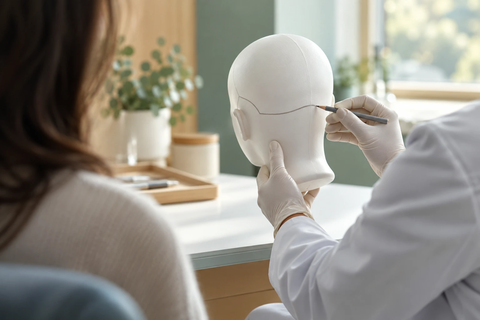 Doctor explaining scar areas on a head model before a hair transplant into scars