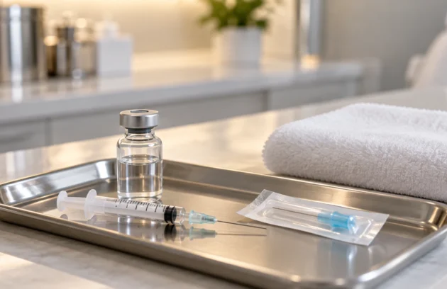 Glass vial and syringe on a metal tray beside a folded white towel in a clinic