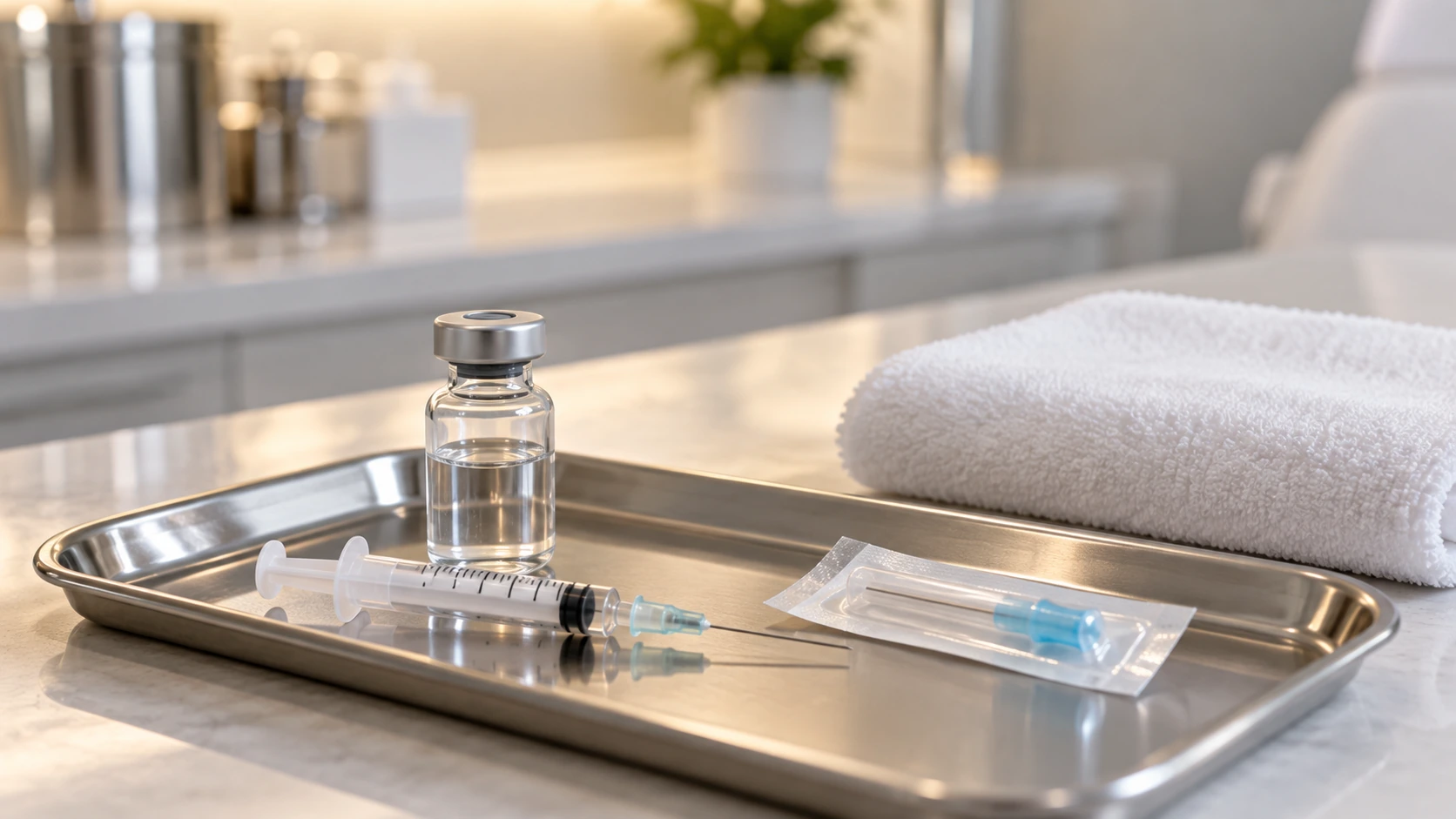 Glass vial and syringe on a metal tray beside a folded white towel in a clinic