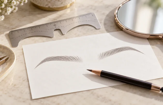 Eyebrow shape sketches on paper beside a stencil, pencil and hand mirror