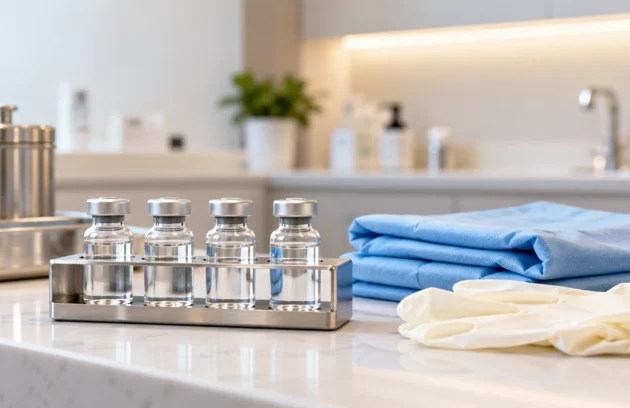 Glass vials on a metal rack beside folded blue towels on a clinic counter