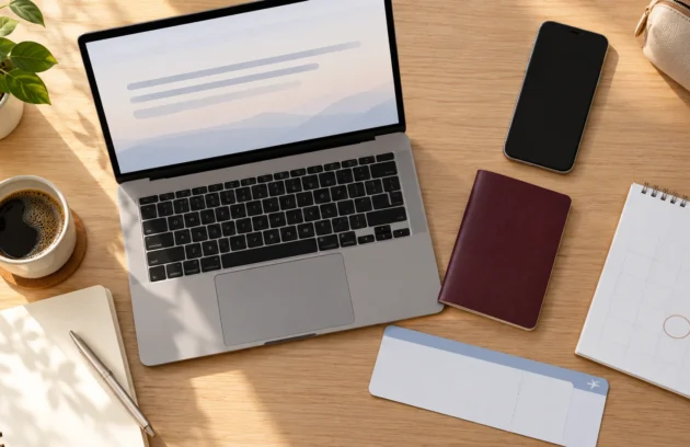 Desk with laptop, passport, phone, coffee and notebooks for planning a trip