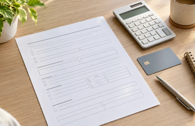 Paper form with calculator, bank card and pen on a desk