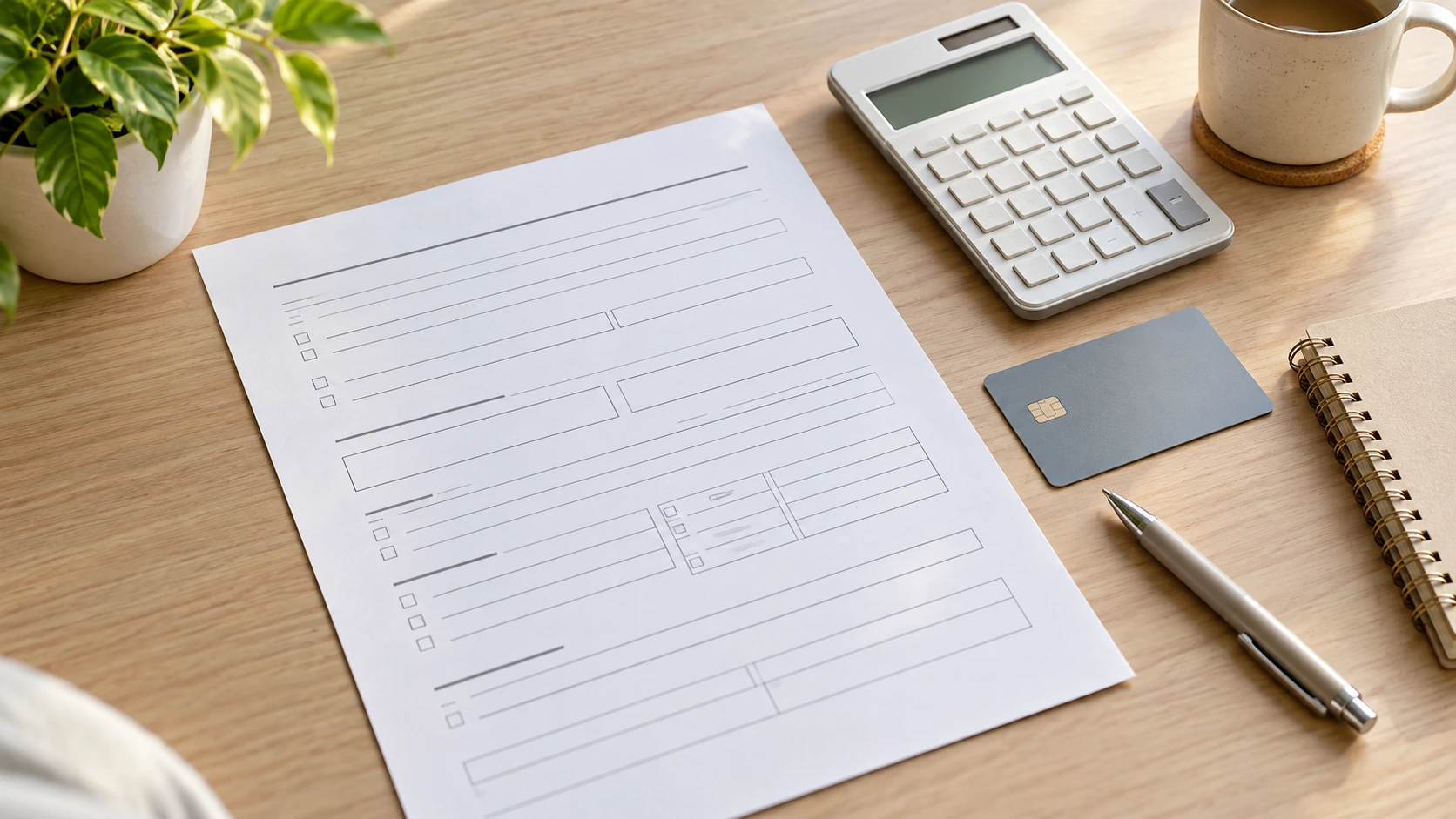 Paper form with calculator, bank card and pen on a desk