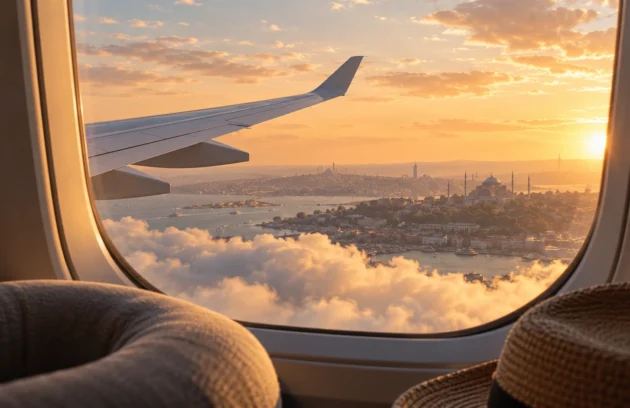 View of Istanbul at sunset from an airplane window with the wing and a travel pillow