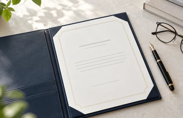 Open navy folder holding a certificate beside glasses and a fountain pen