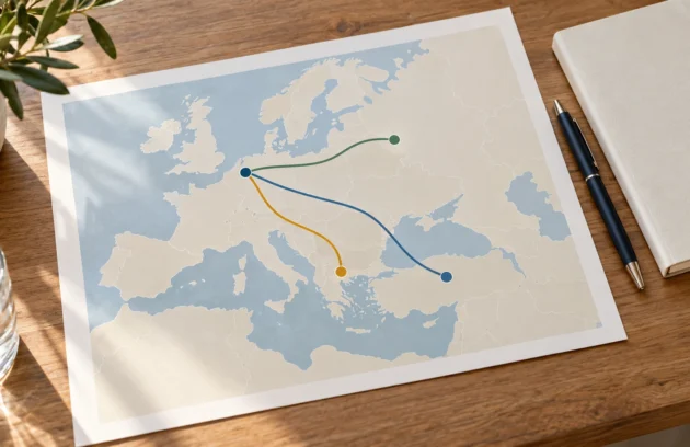 Map of Europe with colored travel routes on a desk beside a notebook and pen