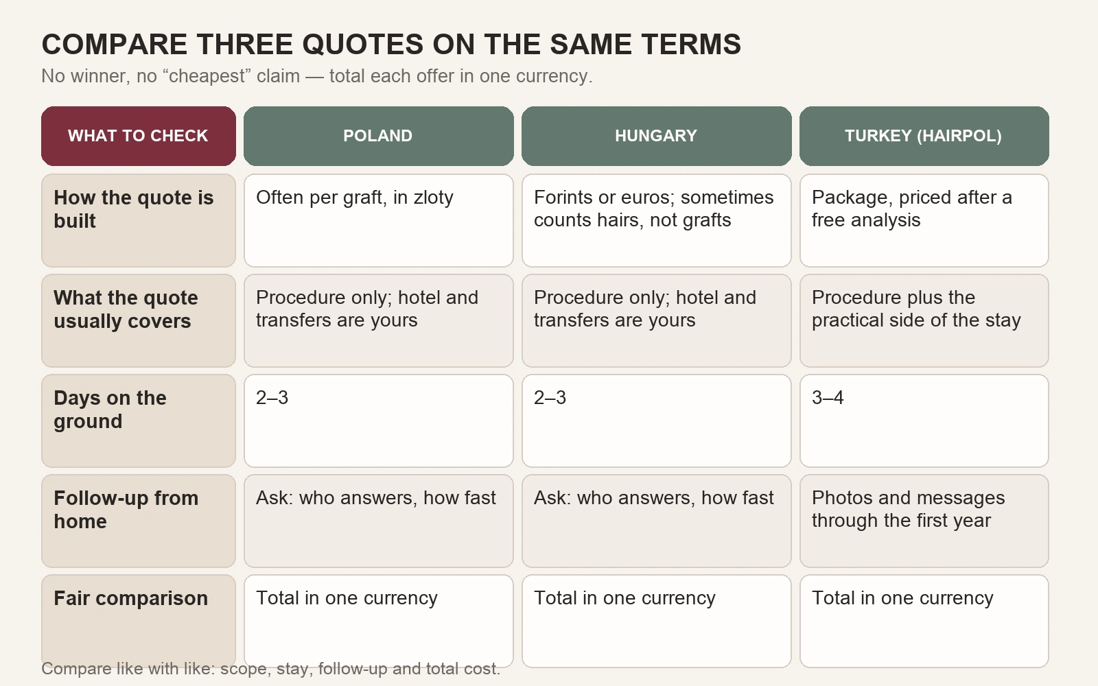 Comparison table of Poland, Hungary and Turkey quotes: what is covered, days, follow-up
