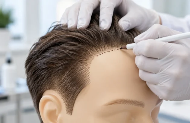 Gloved hands marking a hairline with a pen on a mannequin head before hair transplant
