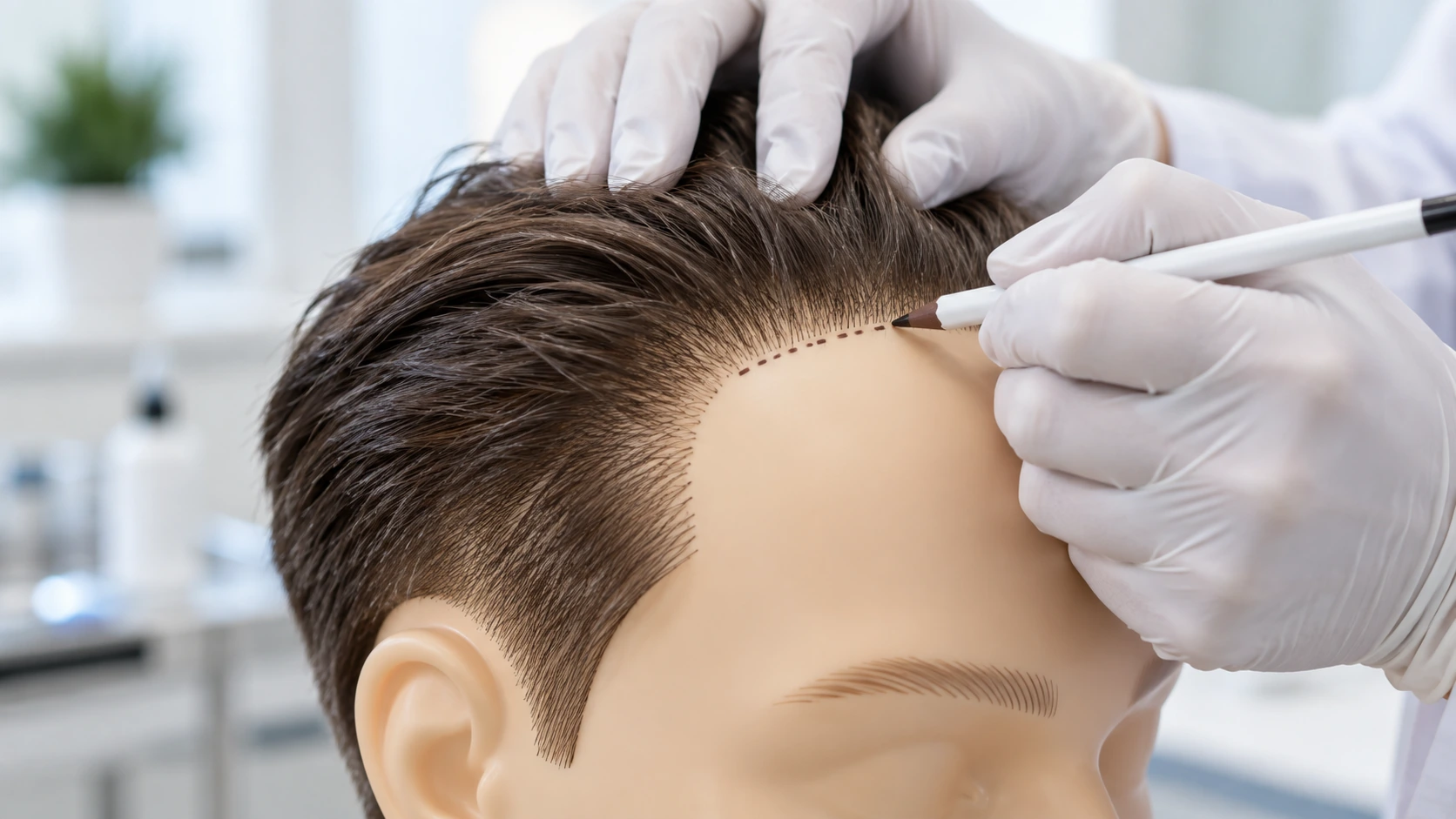 Gloved hands marking a hairline with a pen on a mannequin head before hair transplant
