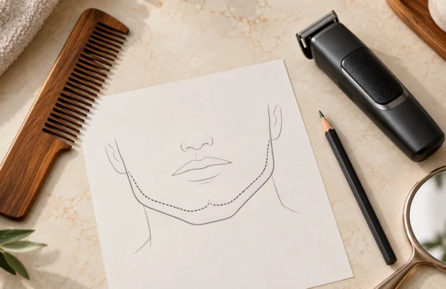 Pencil sketch of a beard outline on paper beside a wooden comb, trimmer and mirror